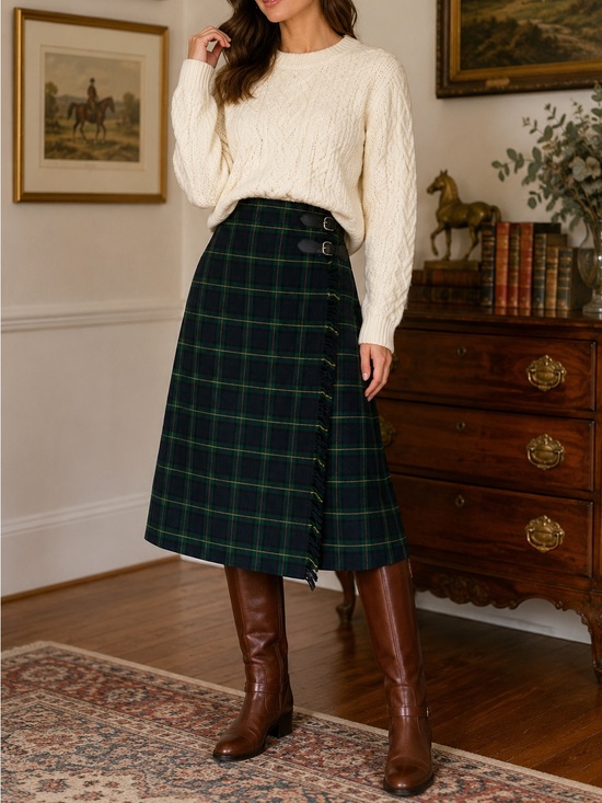 LizSport Dresses & Skirts - Vintage Y2K LizSport Wool Tartan Wrap Skirt Size 10 Green Plaid Fringe Buckle